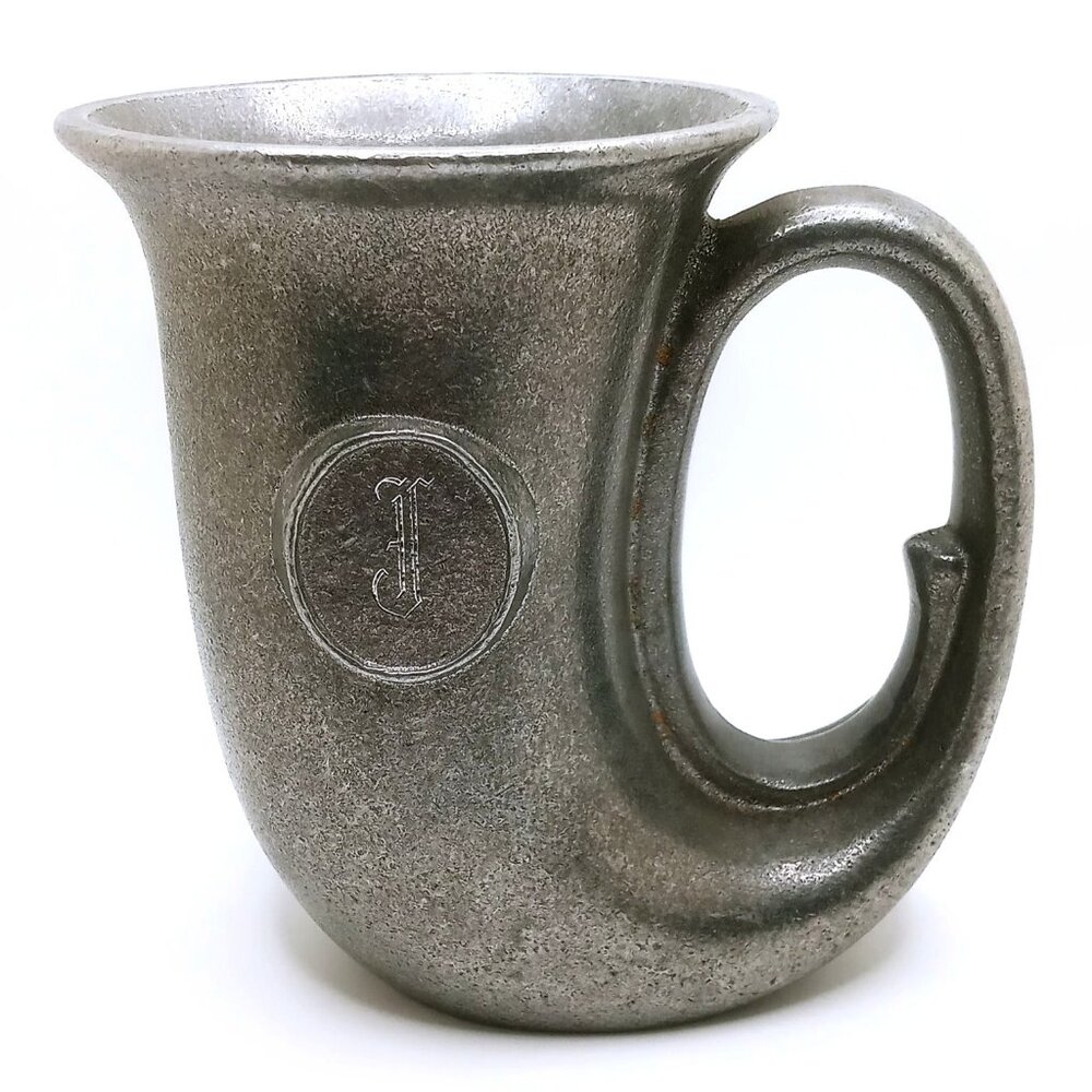 Vintage Pewter Pitcher Mug 5" Tankard Horn Stein Cup Monogrammed 'J' Marked